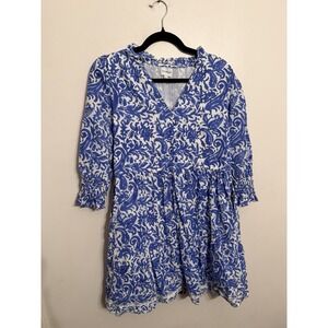 Charlee By Charleston Shoe Company Blue Floral Cotton Dress 3/4 Sleeves Small